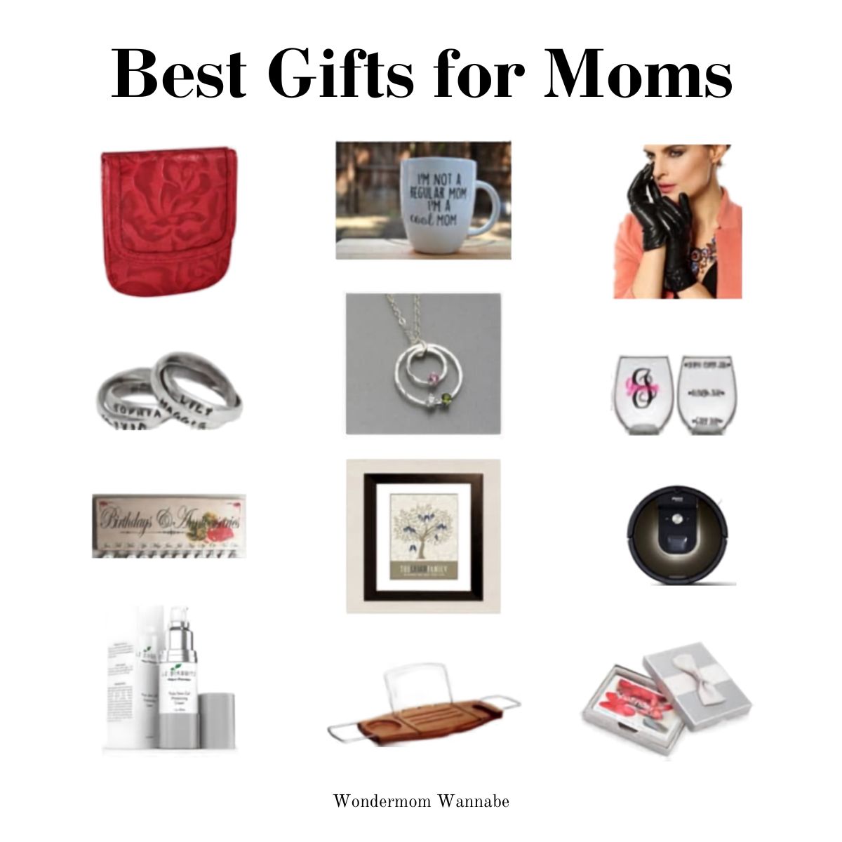 A collage of the best gifts for moms, featuring twelve ideas like accessories, jewelry, drinkware, skincare, home decor, and gadgets—thoughtfully arranged in a grid under the title "Best Gifts for Moms.