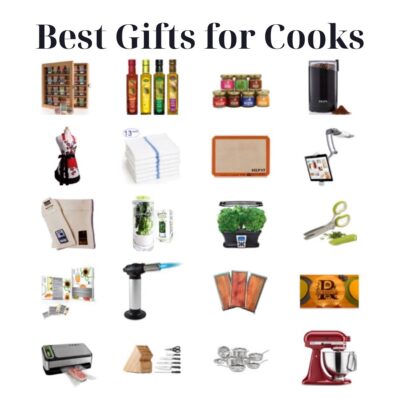 A grid of cooking-related gift items—oils, spice rack, cutting boards, gadgets, towels, aprons, herbs, and more—titled "Best Gifts for Cooks," perfect as gifts for people who love to cook.