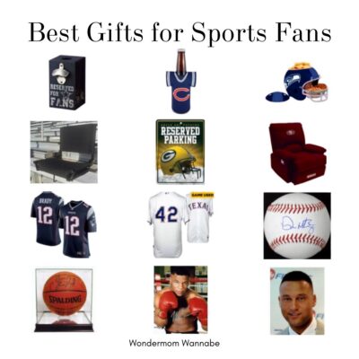 A collage of the best gifts for sports fanatics, featuring jerseys, memorabilia, recliners, autographed items, and fan gear for various teams and athletes.