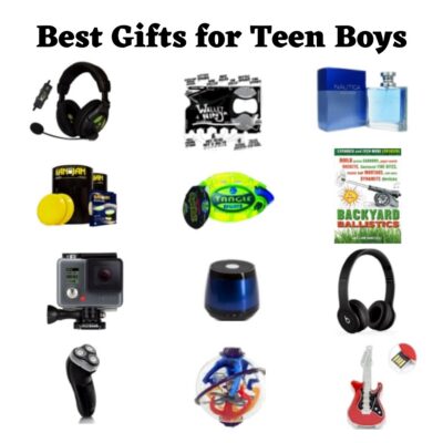 A grid of twelve of the best gifts for teen boys, featuring headphones, cologne, a GoPro camera, a book, a speaker, a razor, a guitar, and a toy maze ball—perfect picks for every interest and style.