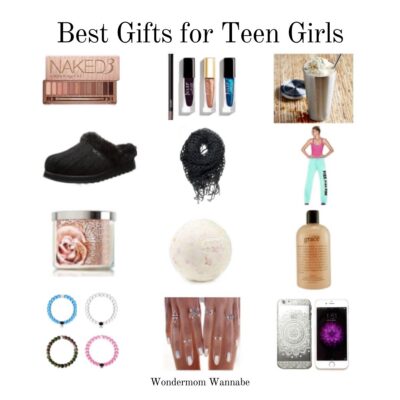 A vibrant collage showcases the best gifts for teen girls—makeup, nail polish, a smoothie, slippers, scarf, workout clothes, candle, bath bomb, shower gel, bracelets, rings, and trendy phone cases.