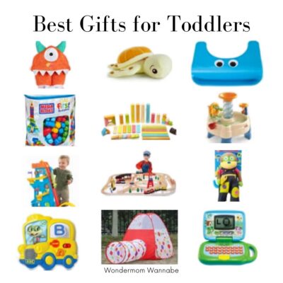 A collage of colorful toddler toys—including top picks for the best gifts for toddlers—such as a plush monster, turtle, potty seat, ball pit, building blocks, activity table, easel, train set, robot, toy bus, play tent, and toy laptop.