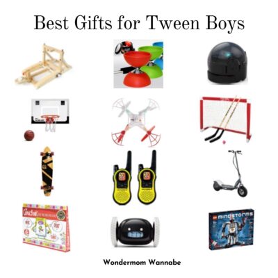 A grid of twelve of the best gifts for tween boys, featuring sports gear, remote control gadgets, building kits, walkie-talkies, a scooter, and board games.