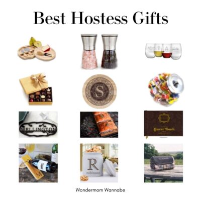 A grid of twelve images displays the best hostess gifts, including food, drinkware, personalized items, and home accessories. The title above reads “Best Hostess Gifts.”.
