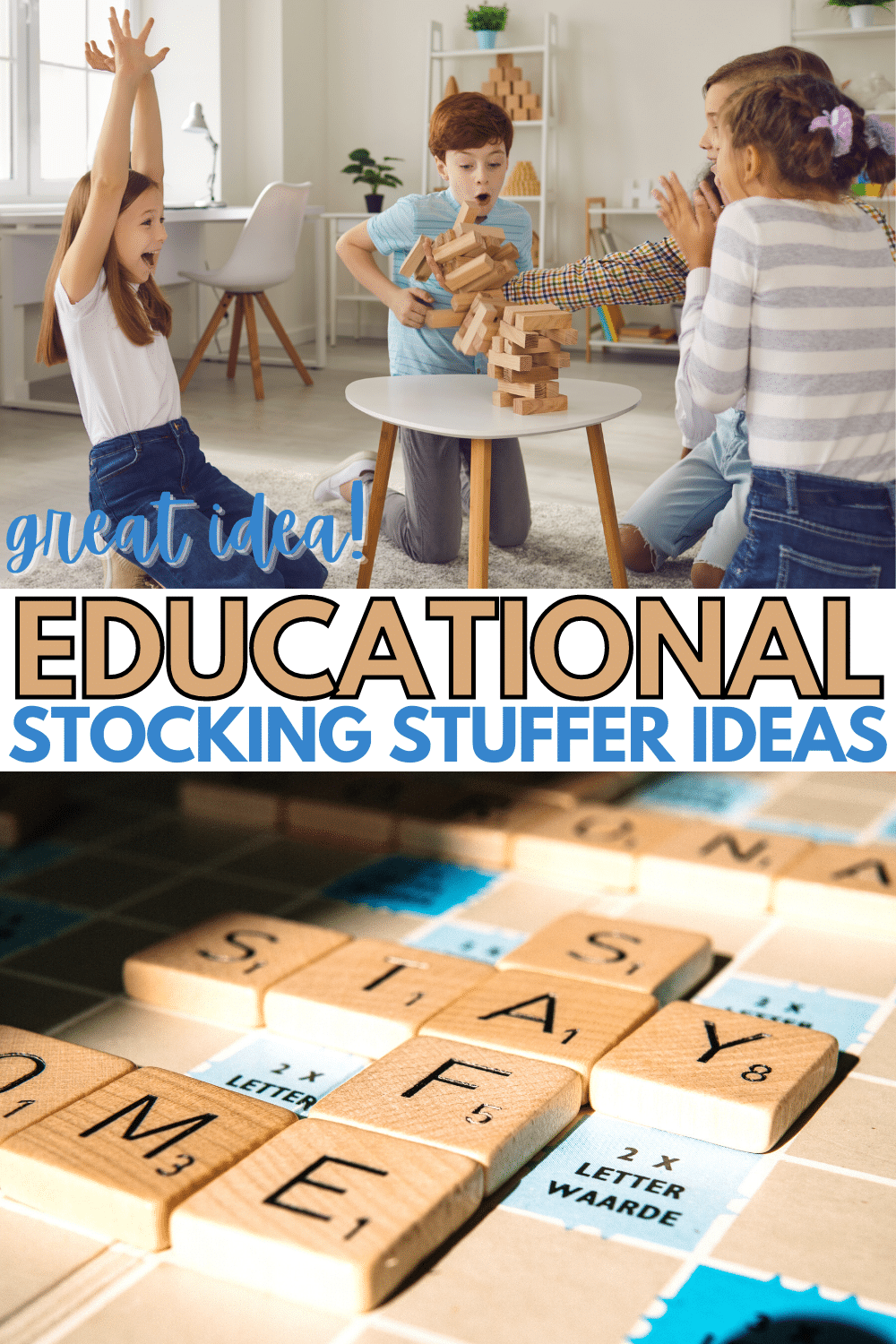 Educational Stocking Stuffer Ideas with title text reading Great Idea! Educational Stocking Stuffer Ideas