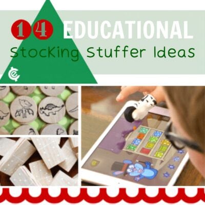 Collage featuring "14 Educational Stocking Stuffer Ideas" text, images of wooden animal tokens, wooden blocks, and a child playing an educational game on a tablet—perfect for those seeking creative educational stocking stuffer ideas.
