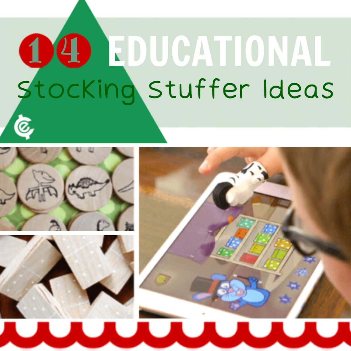 Collage featuring "14 Educational Stocking Stuffer Ideas" text, images of wooden animal tokens, wooden blocks, and a child playing an educational game on a tablet—perfect for those seeking creative educational stocking stuffer ideas.