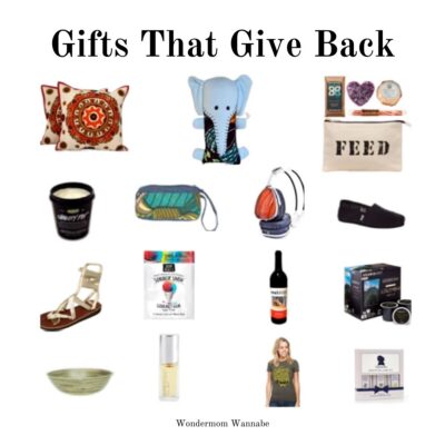 A collage of various gift items—pillow, stuffed elephant, soaps, pouch, candle, bag, and more. Text reads “Gifts That Give Back,” highlighting gifts that give back to communities and make every present meaningful.