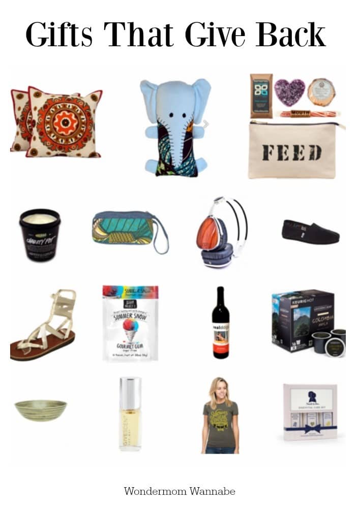 a collage of 15 different gift ideas on a white background with title text reading Gifts That Give Back