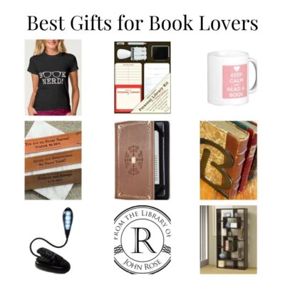 A collage of the best gifts for book lovers, featuring a "Book Nerd" shirt, bookmarks, a book-themed mug, wooden bookends, a book light, a personalized stamp, and a stylish bookshelf.