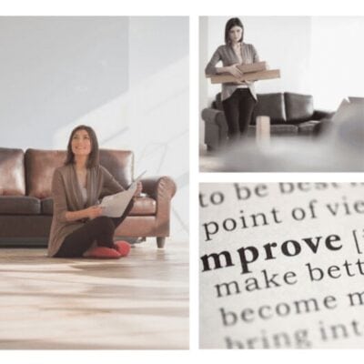 A woman sits on the floor reading a paper, stands holding a box near a couch, and a close-up of the word "improve" in a dictionary—capturing her journey through self-improvement tips in everyday moments.