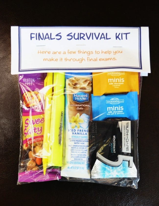 a plastic bag full of snacks, office supplies and coffee for a Finals Survival Kit