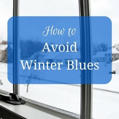 Text "How to Avoid Winter Blues" is displayed over a snowy suburban scene viewed through a window, offering tips to help you avoid winter blues this season.
