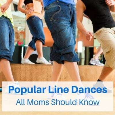 Four people in casual clothing perform a line dance indoors. Text overlay reads: "List of Popular Line Dances All Moms Should Know.