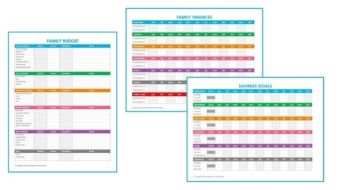 three printable budget worksheets titled Family Budget, Family Finances, and Savings Goals
