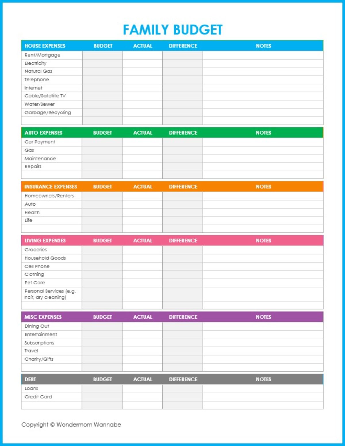 A printable family budget template with different colors for worksheets.