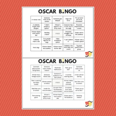 Two Oscar party bingo cards featuring various awards show scenarios in each box, set against a bold red diagonal striped background.