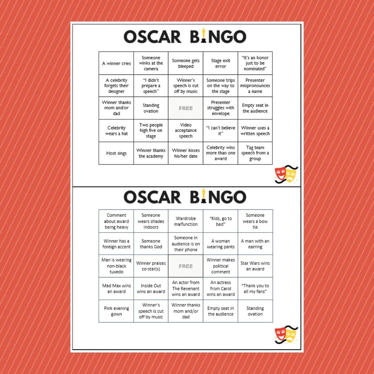Two Oscar party bingo cards featuring various awards show scenarios in each box, set against a bold red diagonal striped background.
