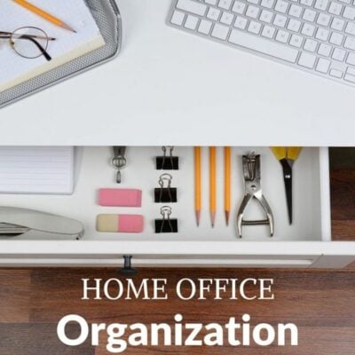 A tidy home office drawer with pencils, erasers, binder clips, a hole punch, and scissors, next to a keyboard and notepad on a desk—perfect inspiration for your home office organization ideas. Text: "Home Office Organization.