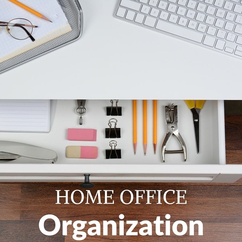 a desk with the drawer open and office supplies inside with title text reading Home Office Organization 