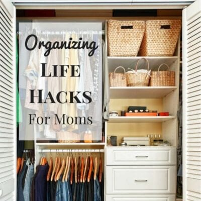 Open closet with hanging clothes, woven baskets, shelves, and drawers—showcasing smart organizing life hacks for moms to keep everything tidy and accessible.