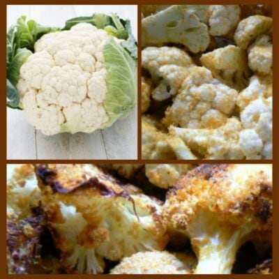 A collage of three images: a whole raw cauliflower, chopped cauliflower florets, and cheesy baked vegan cauliflower pieces with a browned, crispy texture.