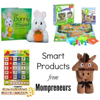 A collage displays a children's book with a bunny plush, a board game, a daily checklist chart, and a horse-shaped container—featuring innovative products from mompreneurs.