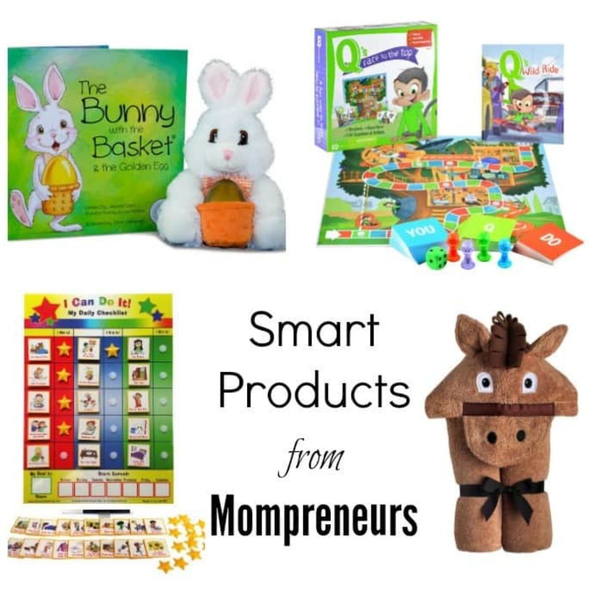 A collage displays a children's book with a bunny plush, a board game, a daily checklist chart, and a horse-shaped container—featuring innovative products from mompreneurs.