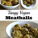 Tangy Vegan Meatballs covered in mustard sauce in white bowl