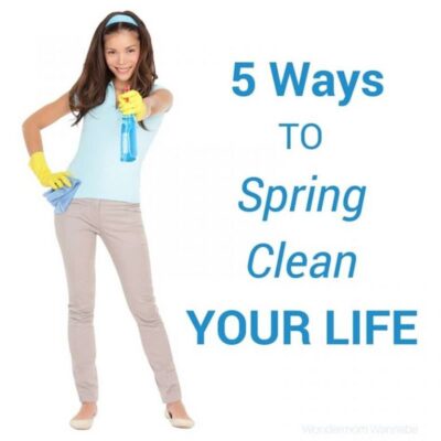 Woman wearing cleaning gloves holds a spray bottle and cloth. Text reads: "5 Ways to Spring Clean Your Life." Start fresh and discover simple tips to spring clean your life, both at home and beyond.