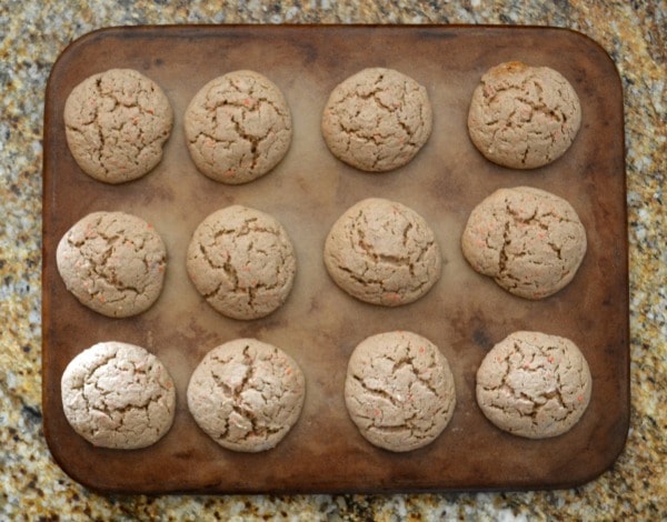 Carrot cake mix cookies out of the oven on a cookie sheet