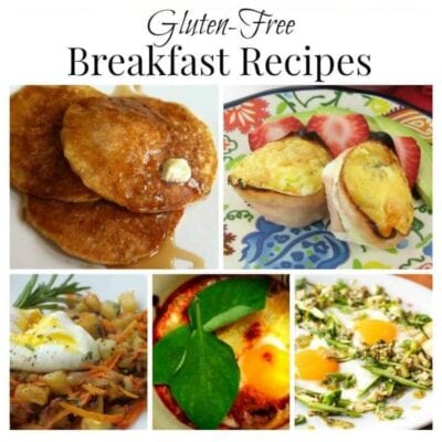 A collage of five gluten-free breakfast recipes, featuring pancakes, eggs with ham, poached egg with vegetables, a spinach-topped egg dish, and baked eggs with asparagus.