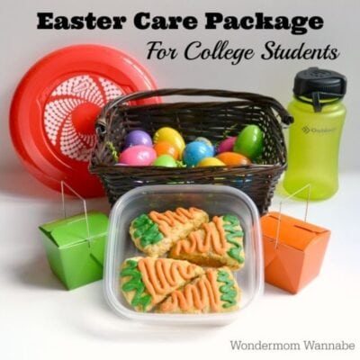 A wicker basket Easter care package for college students includes plastic eggs, a yellow water bottle, red flying disc, two green and orange takeout boxes, and carrot-shaped cookies.