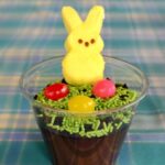 Easter pudding cups featuring a plastic cup of chocolate pudding, adorned with green sprinkles, three jellybeans, and a yellow marshmallow bunny on a plaid tablecloth.