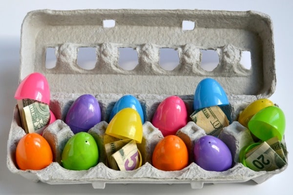 Filled plastic eggs with cash for an Easter care package for college students