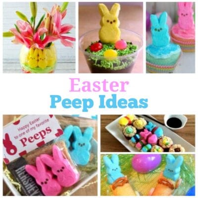 A collage of Easter-themed desserts and decorations featuring colorful marshmallow Peeps in creative arrangements. Text reads "Easter Peep Ideas"—perfect inspiration for your next festive treat display.