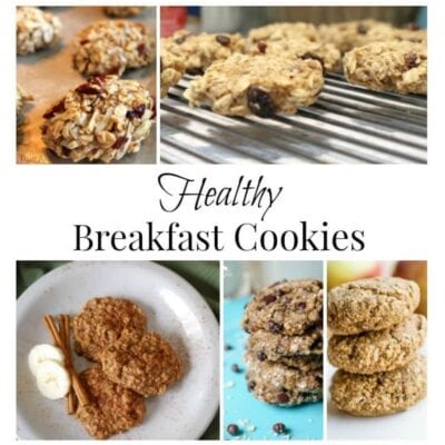 A collage of oat-based breakfast cookies, some with raisins or bananas, is shown on baking trays, cooling racks, and plates, highlighting delicious healthy breakfast cookie recipes with "Healthy Breakfast Cookies" text in the center.