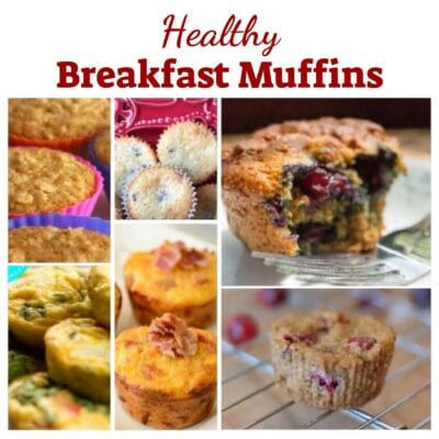 A collage of various healthy breakfast muffin recipes, including ones with berries, oatmeal, and vegetables, arranged in colorful wrappers and on plates.