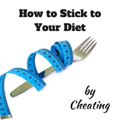 A blue measuring tape wrapped around a fork with the text “Stick to Your Diet by Cheating” above and beside it.