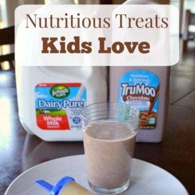 A glass of chocolate milk and a milk popsicle on a plate, with containers of whole milk and chocolate milk in the background. Text reads “Nutritious treats kids can’t resist.”.