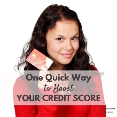 Woman with long dark hair in a red sweater holds a credit card; text overlay reads, "One Quick Way to Boost Your Credit Score Quickly.