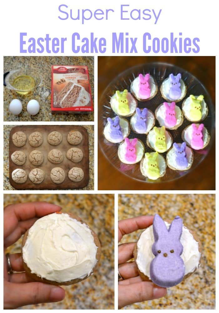 a collage of five steps making Easter cookies with title text reading Super Easy Easter Cake Mix Cookies