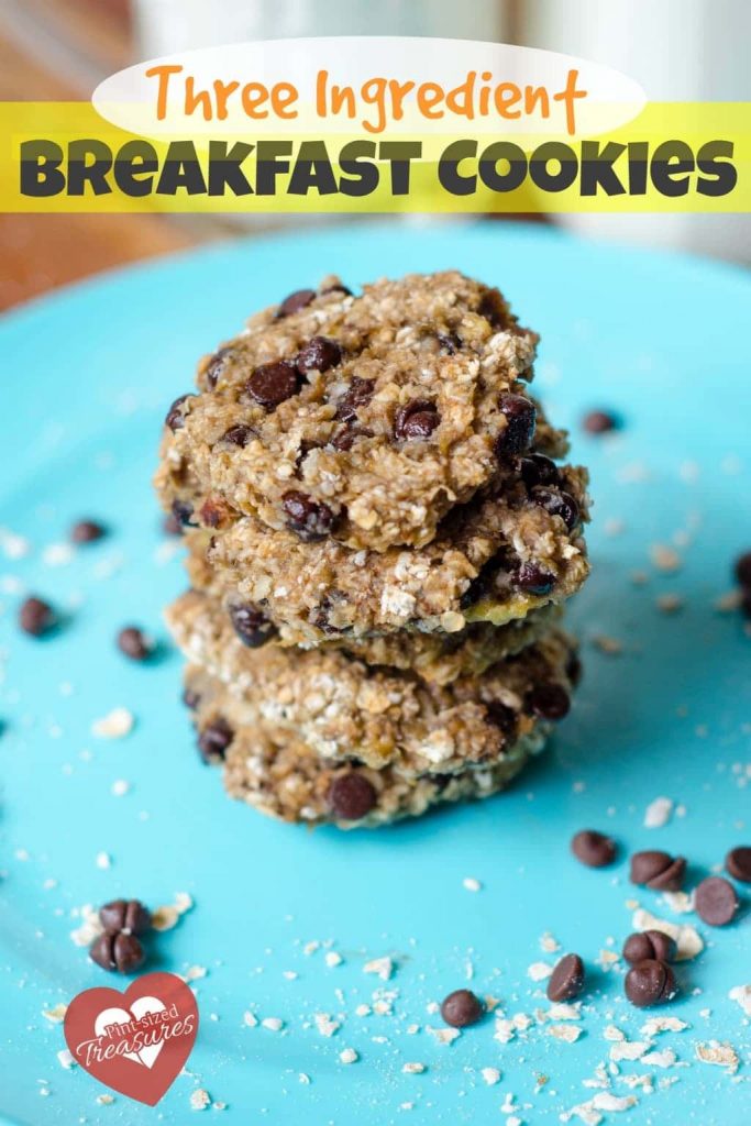 a stack of cookies on a blue plate with title text reading Three Ingredient Breakfast Cookies