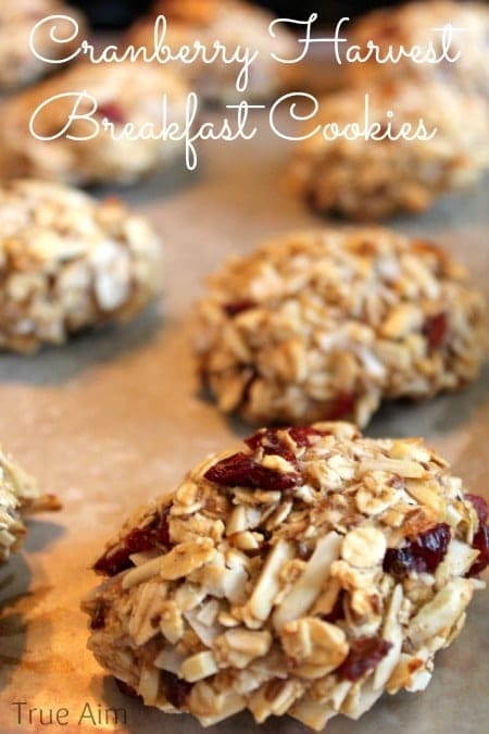 breakfast cookies with title text reading Cranberry Harvest Breakfast Cookies