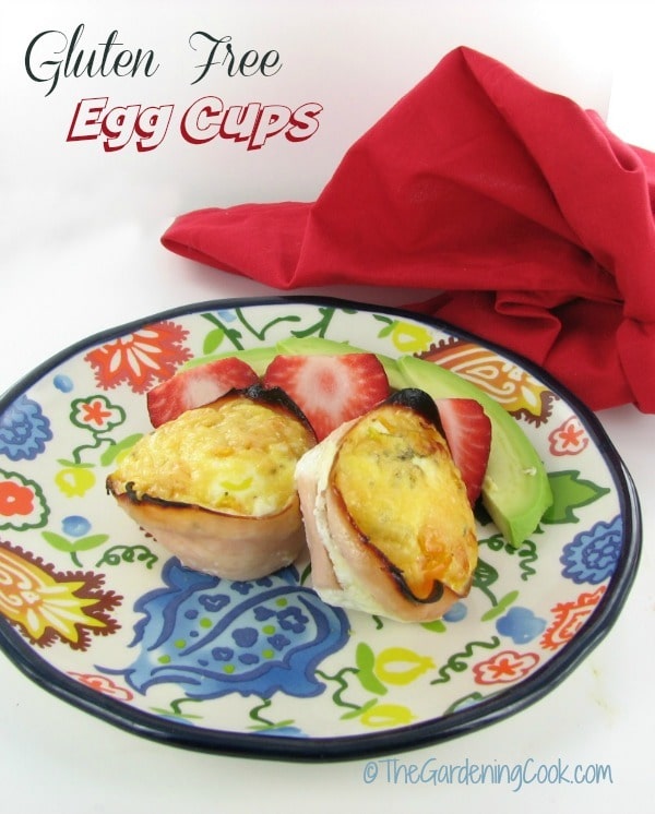 gluten free egg cups on a colorful plate next to a red napkin