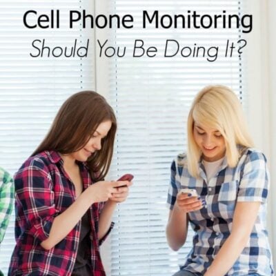 Two young women sit side by side looking at their phones, with the text "Cell Phone Monitoring—Should You Be Doing It?" displayed above them, raising questions about the importance of cell phone monitoring in today's digital age.