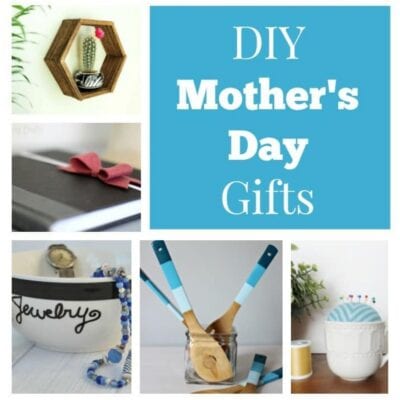 Collage showcasing DIY Mother's Day gifts, featuring a wall shelf with a plant, a notebook with a bow, painted utensils, a jewelry bowl, and a pincushion jar for creative gift ideas.