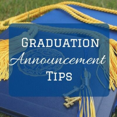 Blue graduation cap and diploma with gold tassel and charm, overlaid with the text “Graduation Announcement Tips”—perfect for sharing essential graduation announcement tips.