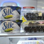 Soy Yogurt and blueberries on a refrigerator shelf