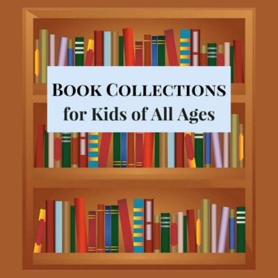 Illustration of a bookshelf filled with colorful books. A blue sign in the center reads, "BOOK COLLECTIONS for Kids of All Ages," highlighting engaging book collections for kids to explore and enjoy.